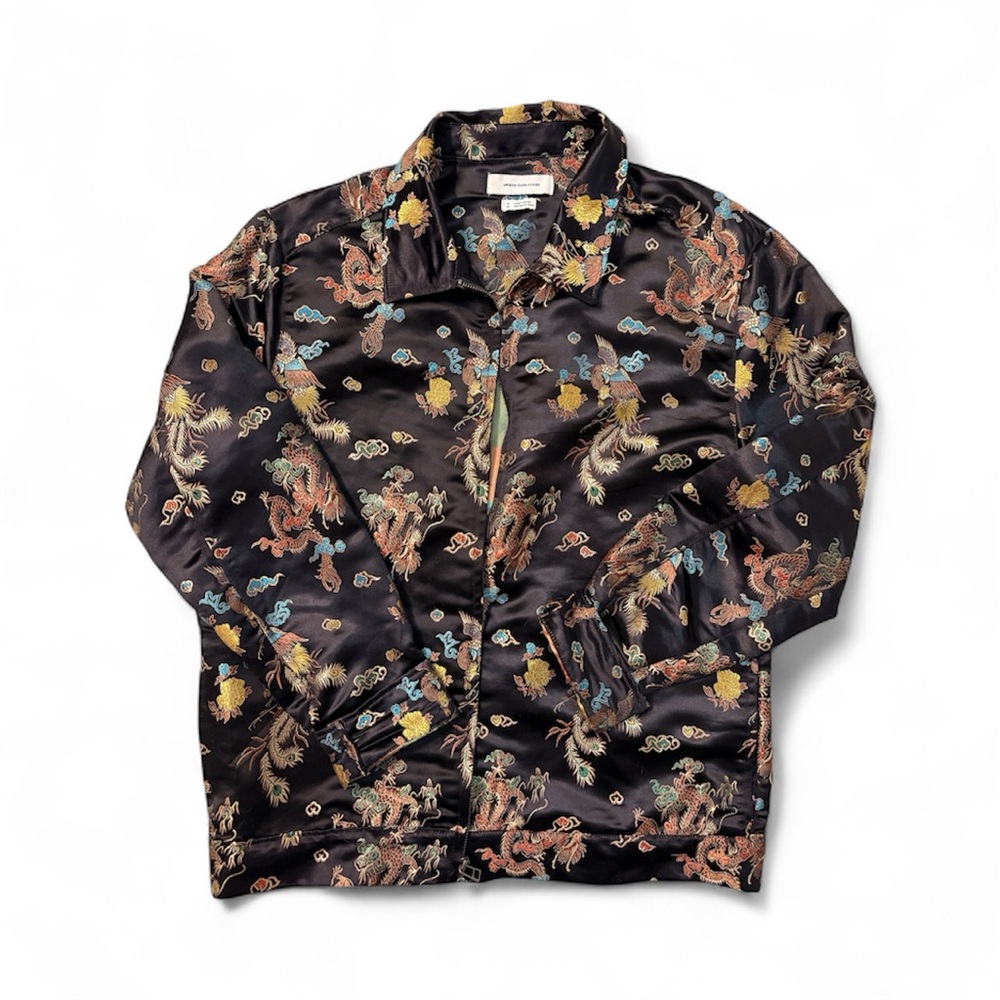 Urban Outfitters Black Satin Jacket with Embroidered Chinese Dragon Design